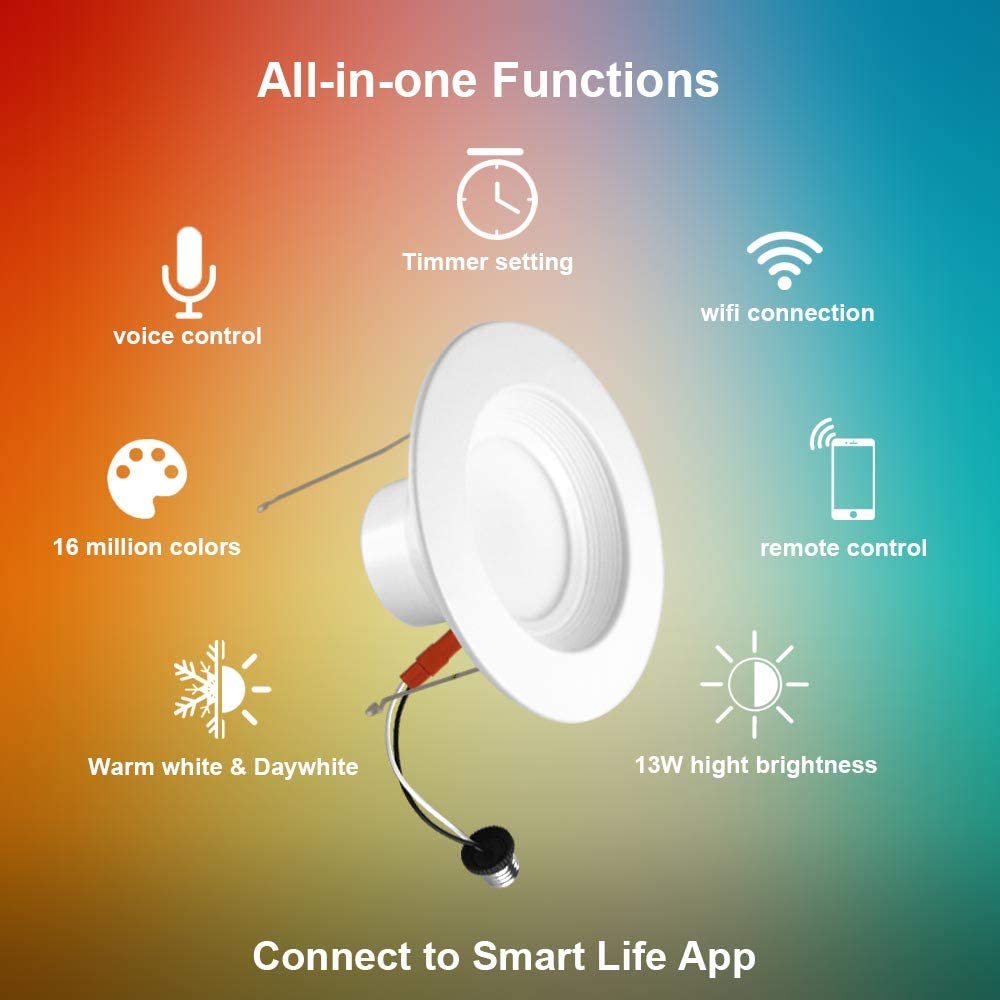 6 inch Smart LED WiFi Color Changing Downlight, 13W (4 Pack)
