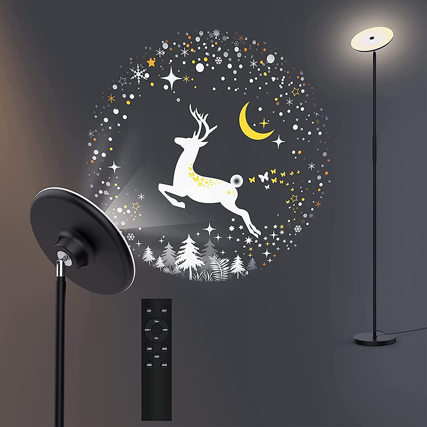 Banord Floor Lamp Dimmable LED Torchiere Floor Lamp with Projection, 24W Remote Control Tall Standing Lamp Reading Lamp with Color Temperature, Bright Modern Floor Lamps for Bedroom,Living Room,Office