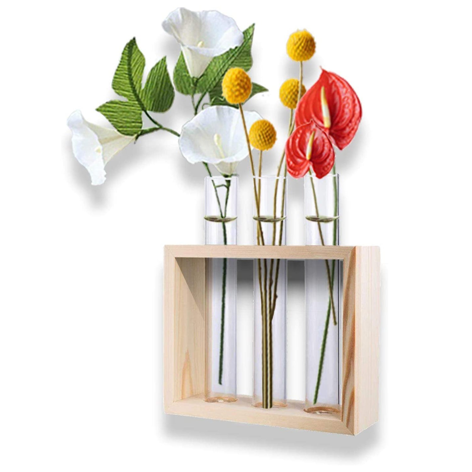 Banord Desktop Glass Terrarium, Wall Hanging Glass Planter with 3 Modern Test Tubes in Wood Stand, Tabletop Tube Container for Home Office Decoration, Natural