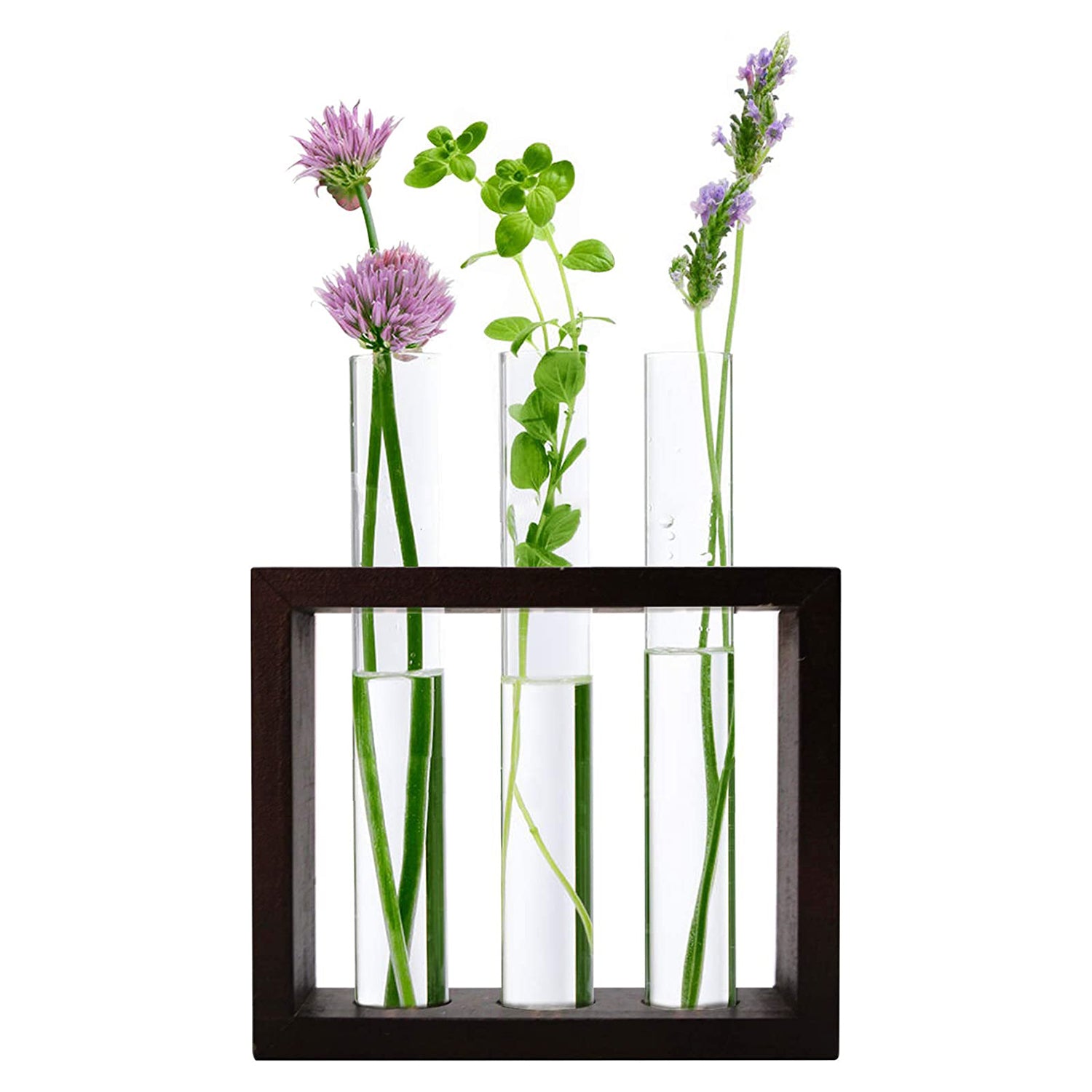 Banord Desktop Glass Terrarium, Wall Hanging Glass Planter with 3 Modern Test Tubes in Wood Stand, Tabletop Tube Container for Home Office Decoration, Dark Brown