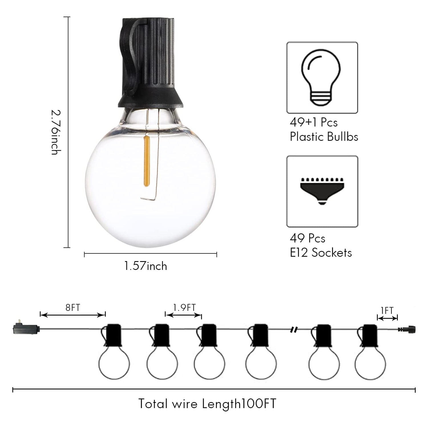 Banord Smart Outdoor String Lights, G40 100FT Waterproof Patio Lights with Alexa Control, Dimmable Hanging Backyard Lights with 50 (1 Spare) Plastic Bulbs for Porch Bistro Cafe