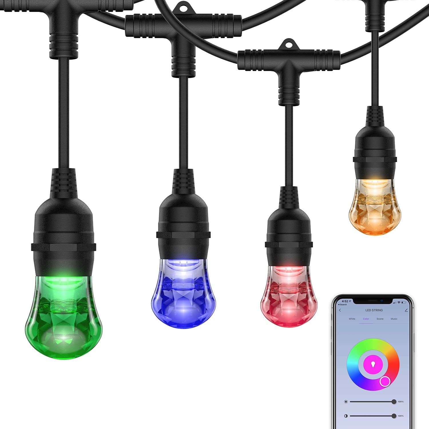 FMART 25ft Smart String Lights Color Changing, Outdoor String Lights RGBW with 8 Shatterproof Acrylic Bulbs, 2.4 GHz Wi-Fi & App Control, Waterproof Hanging String Lights for Backyard Party