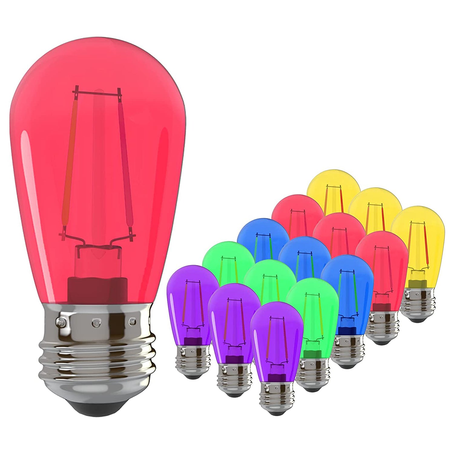 Banord Colored 2W S14 Replacement LED Bulbs, 15 Pack 2700K Dimmable RGB Bulbs Outdoor String Lights Vintage Filament LED Edison Light Bulb, Waterproof & Shatterproof E26 Screw Base Multicolor Bulbs
