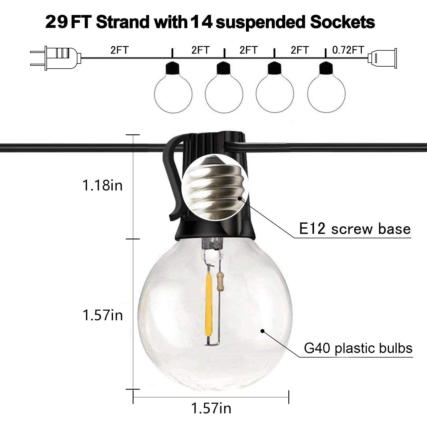 Banord 29FT Globe Outdoor String Lights, Shatterproof Patio Lights with 15 Dimmable Plastic Bulbs, Waterproof Hanging Lights String for Porch Backyard Cafe, E12 Socket Base