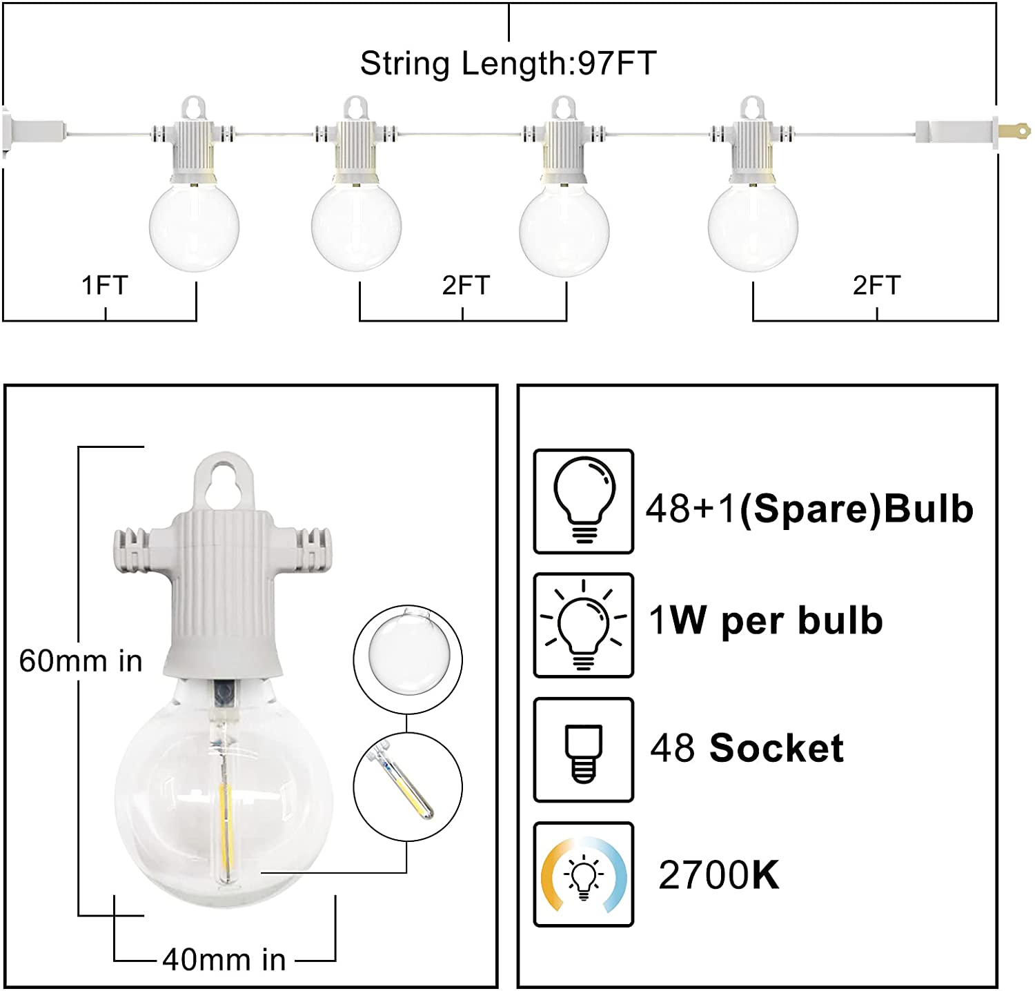FMART Outdoor String Lights LED White, 48ft Patio Globe String Lights with 25 G40 Shatterproof Bulbs (1 Spare), Commercial Hanging Light 2700K Weatherproof Globe String Light for Backyard Bistro Party