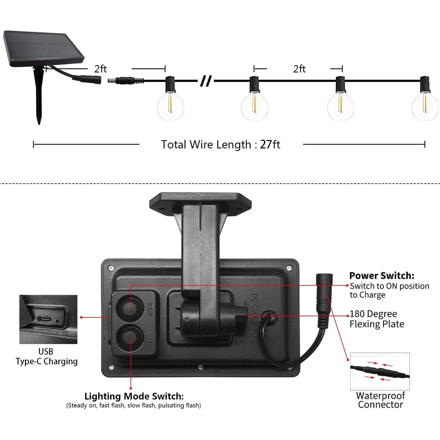 SUNTHIN 8M Solar LED Lichterkette mit 14(1 Ersatz) 1W G40 Bruchsicheren Kunststoff Glühbirne,IP45 Wasserdicht,USB Aufladbar,4 Licht Modi für Hinterhof,Garten,Outdoor,Hochzeit,Party (warmweiß)