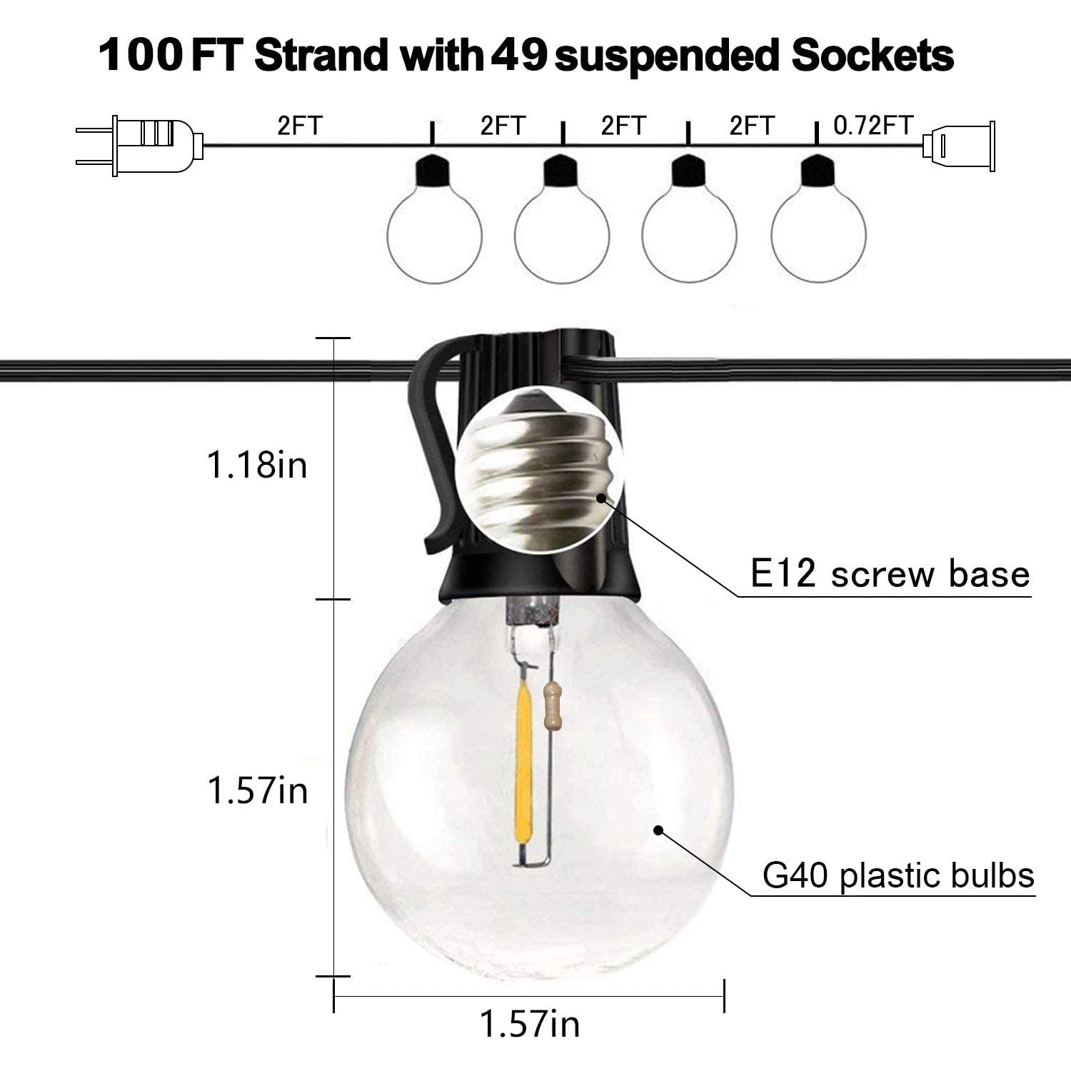 Banord 100FT G40 Globe String Lights, 2700K LED Outdoor Patio Lights String with 50 Dimmable Shatterproof Bulbs, Waterproof Connectable Hanging Lights for Backyard Porch Balcony Party, E12 Socket Base