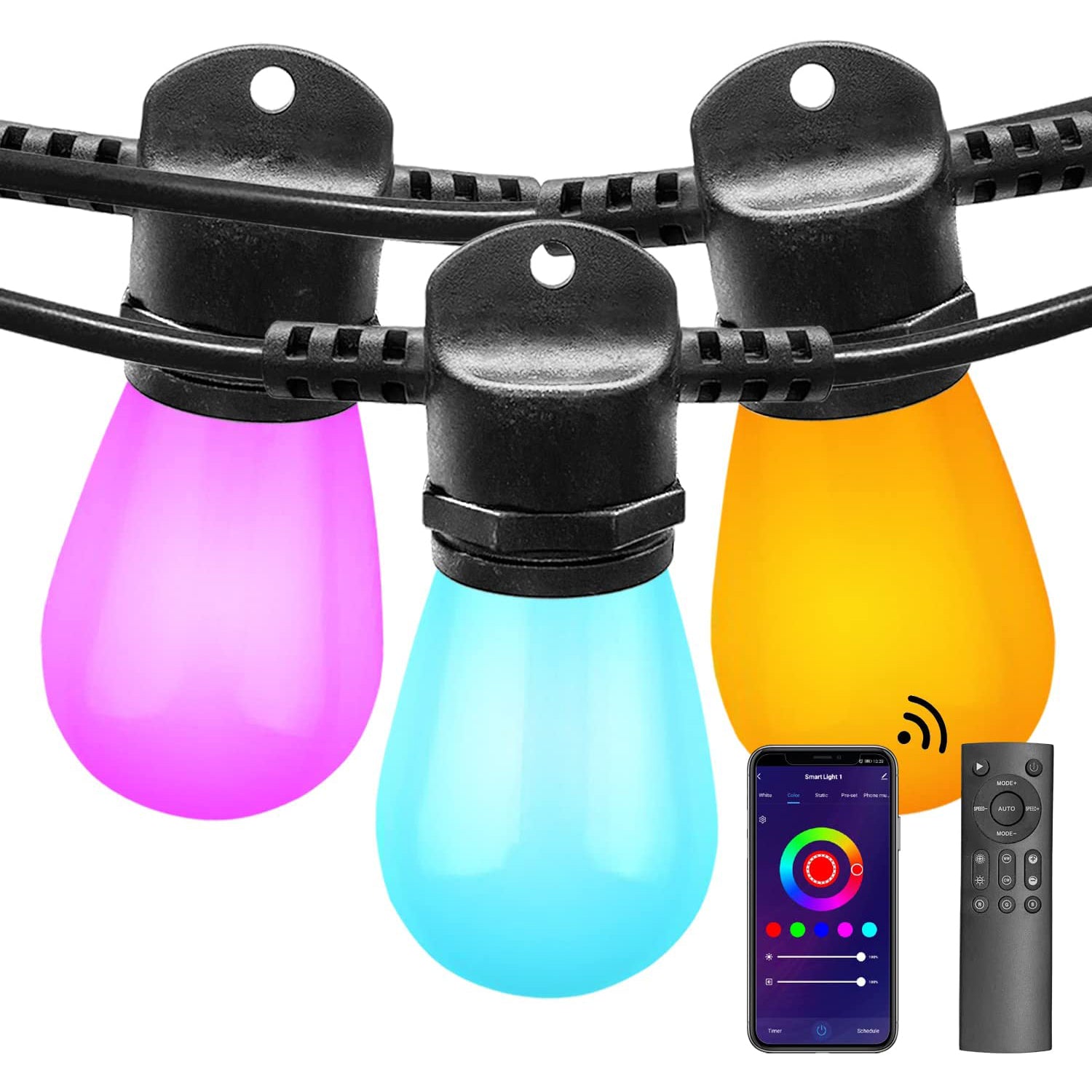 Banord Smart Outdoor String Lights, 48FT RGBW Patio Lights Colored LED String Lights Waterproof Color Changing Hanging Lights Work with Alexa, Shatterproof Bulbs Outdoor Lights for Backyard Camping